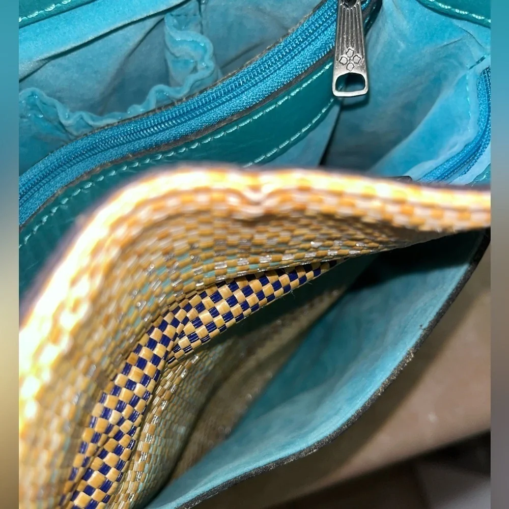 Patricia Nash Octavia Leather Blue Teal & Beige Women's Wicker Woven Tote